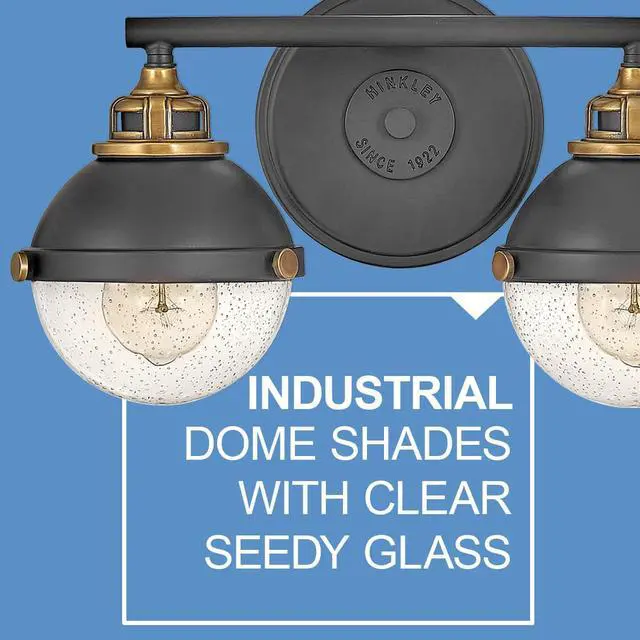 Alt view image 5 of 6 - Fletcher 5172BK Two-Light Bath Vanity Fixture, Vintage Industrial Fixture, Clear Seedy Glass, Bath and Beyond, Black and Heritage Brass