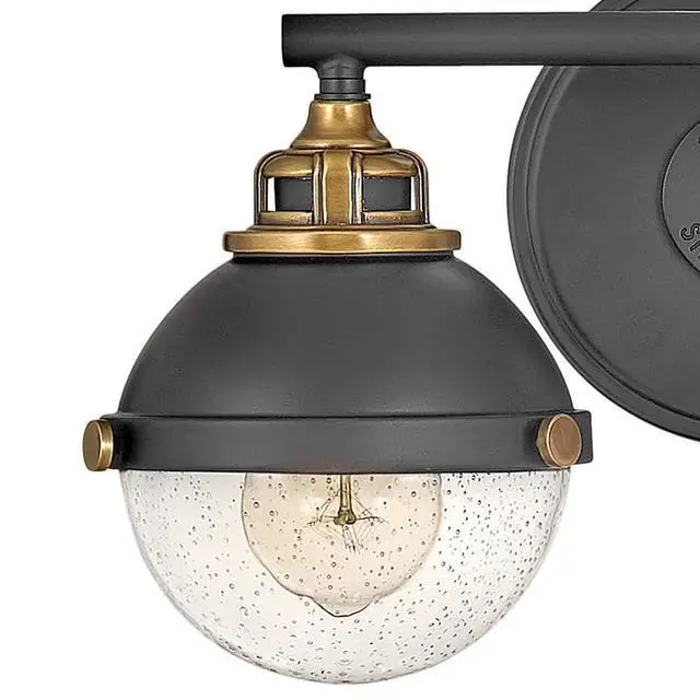 Alt view image 6 of 6 - Fletcher 5172BK Two-Light Bath Vanity Fixture, Vintage Industrial Fixture, Clear Seedy Glass, Bath and Beyond, Black and Heritage Brass