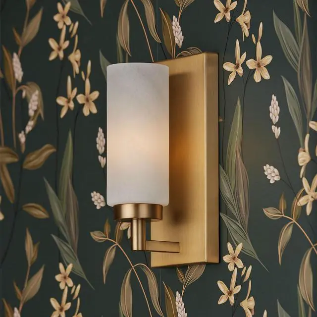 Alt view image 2 of 6 - 651711AD Alyssa Art-Inspired Luxe Faux Alabaster Glass Cylinder Wall Sconce Light, 1-Light 60 Watt, 11" H x 5" W, Aged Brass