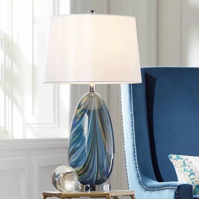 Alt view image 2 of 6 - Pablo Modern Table Lamp 27" Tall Swirling Multi Color Blue Hand Blown Art Glass Metal White Tapered Drum Shade Decor for Living Room Bedroom House Bedside Home (Color May Vary)