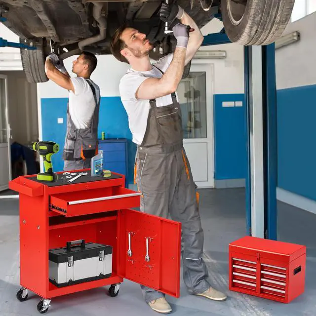 Alt view image 2 of 6 - 5-Drawer Rolling Tool Chest, Detachable Top Tool Box, Lockable Metal Tool Cabinet with Wheels, Adjustable Shelf and Liner for Garage Workshop Storage, Red