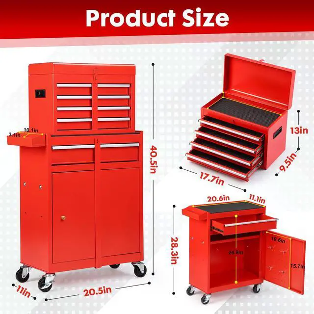 Alt view image 3 of 6 - 5-Drawer Rolling Tool Chest, Detachable Top Tool Box, Lockable Metal Tool Cabinet with Wheels, Adjustable Shelf and Liner for Garage Workshop Storage, Red