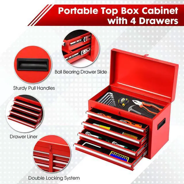 Alt view image 4 of 6 - 5-Drawer Rolling Tool Chest, Detachable Top Tool Box, Lockable Metal Tool Cabinet with Wheels, Adjustable Shelf and Liner for Garage Workshop Storage, Red