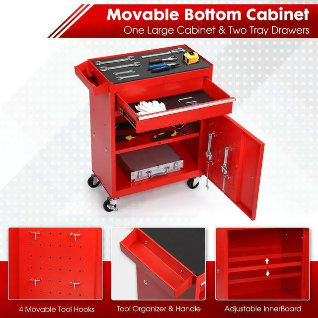 Alt view image 5 of 6 - 5-Drawer Rolling Tool Chest, Detachable Top Tool Box, Lockable Metal Tool Cabinet with Wheels, Adjustable Shelf and Liner for Garage Workshop Storage, Red