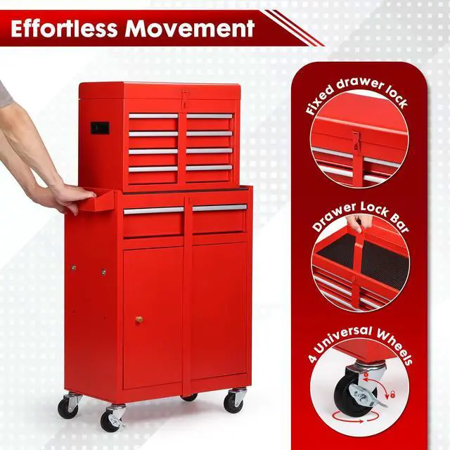 Alt view image 6 of 6 - 5-Drawer Rolling Tool Chest, Detachable Top Tool Box, Lockable Metal Tool Cabinet with Wheels, Adjustable Shelf and Liner for Garage Workshop Storage, Red