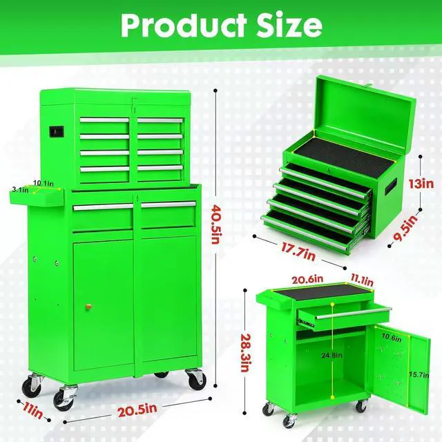 Alt view image 3 of 6 - 5-Drawer Rolling Tool Chest, Detachable Top Tool Box, Lockable Metal Tool Cabinet with Wheels, Adjustable Shelf and Liner for Garage Workshop Storage, Green
