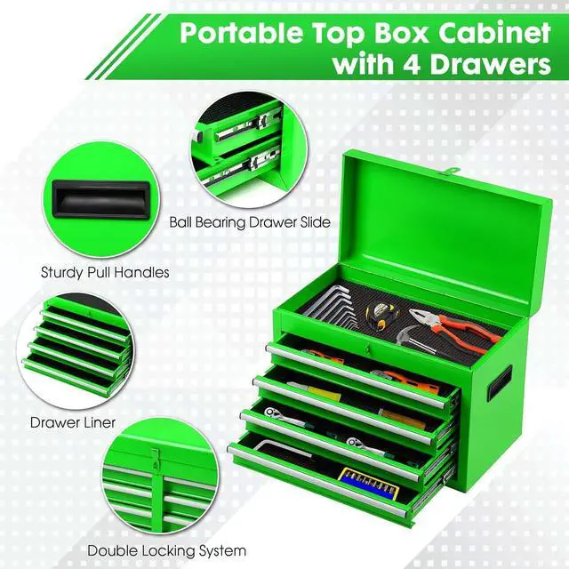 Alt view image 4 of 6 - 5-Drawer Rolling Tool Chest, Detachable Top Tool Box, Lockable Metal Tool Cabinet with Wheels, Adjustable Shelf and Liner for Garage Workshop Storage, Green