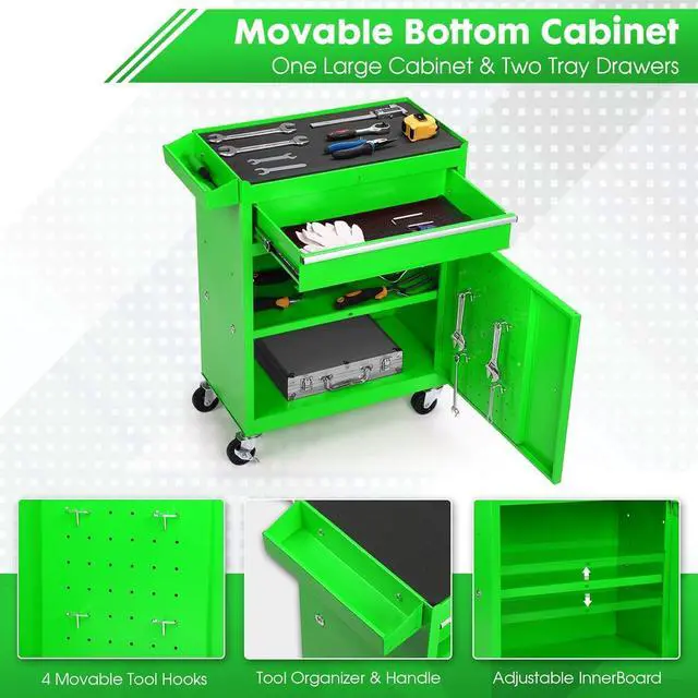 Alt view image 5 of 6 - 5-Drawer Rolling Tool Chest, Detachable Top Tool Box, Lockable Metal Tool Cabinet with Wheels, Adjustable Shelf and Liner for Garage Workshop Storage, Green