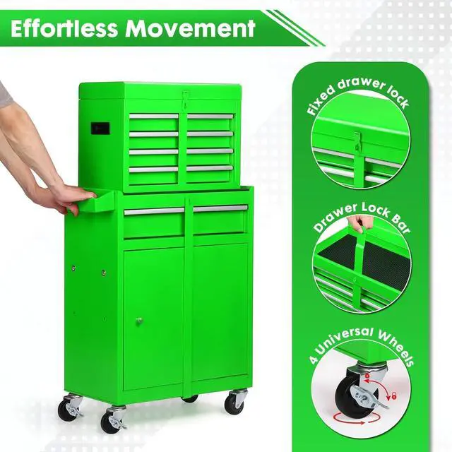 Alt view image 6 of 6 - 5-Drawer Rolling Tool Chest, Detachable Top Tool Box, Lockable Metal Tool Cabinet with Wheels, Adjustable Shelf and Liner for Garage Workshop Storage, Green