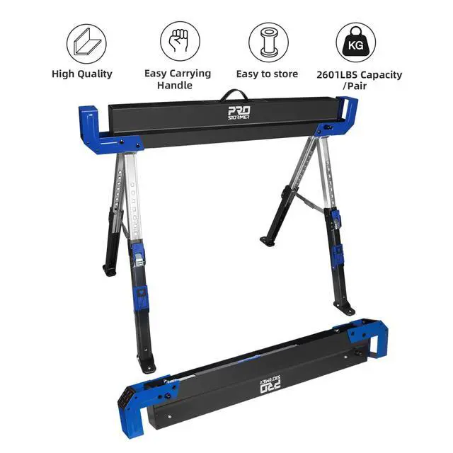Alt view image 2 of 6 - Saw Horses 2 Pack Folding, Portable Heavy Duty Sawhorse with 2601 lbs Weight Capacity Per Pair, Adjustable Legs, Easy Carry Handle - Ideal for Home, Garage, and DIY Projects