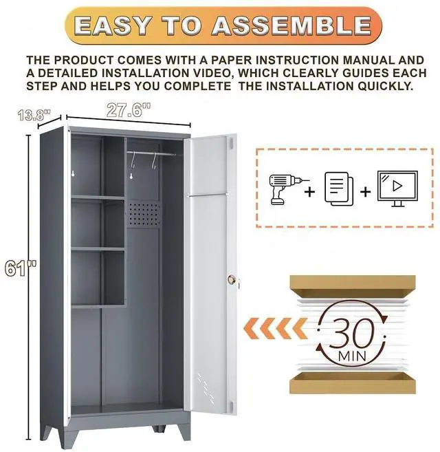 Alt view image 3 of 6 - Metal Storage Cabinet,61" Cleaning Tool Cabinet with Locking Door,Tall Utility Cabinet Tool Organizer with Hanging Rods for Kitchen,Garage,Laundry Room