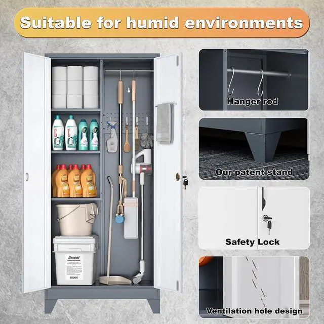 Alt view image 5 of 6 - Metal Storage Cabinet,61" Cleaning Tool Cabinet with Locking Door,Tall Utility Cabinet Tool Organizer with Hanging Rods for Kitchen,Garage,Laundry Room