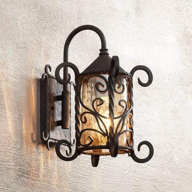 Main image of Casa Seville Rustic Outdoor Wall Light Fixture Dark Walnut Scroll 13 1/4" Champagne Hammered Glass for Exterior House Porch Patio Outside Deck Garage Yard Front Door Garden Home