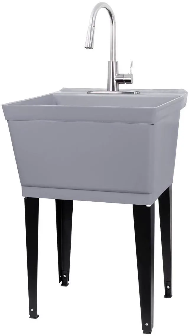 Main image of Laundry Sink Utility Tub With High Arc Stainless Steel Pull Down Faucet By, Heavy Duty Sinks With Installation Kit for Washing Room, Workshop, Basement, Garage, Slop Sink, Grey Tub