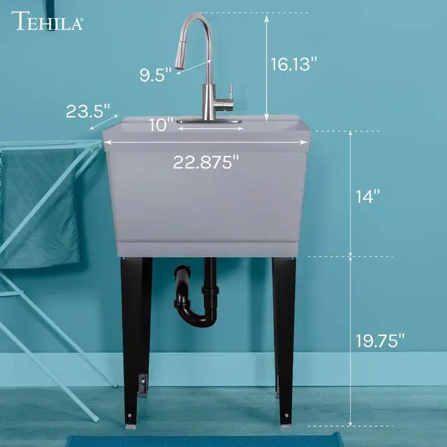 Alt view image 2 of 6 - Laundry Sink Utility Tub With High Arc Stainless Steel Pull Down Faucet By, Heavy Duty Sinks With Installation Kit for Washing Room, Workshop, Basement, Garage, Slop Sink, Grey Tub