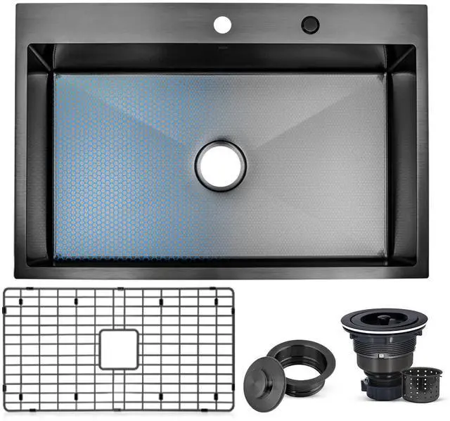 Main image of Strictly Sinks Dual Mount Kitchen Sink 33 Inch 16 Gauge Embossed Hexagon Texture Kitchen Sink with Grid, 1 Strainer Drain, 1 Garbage Disposal Adapter & Clips (Black)