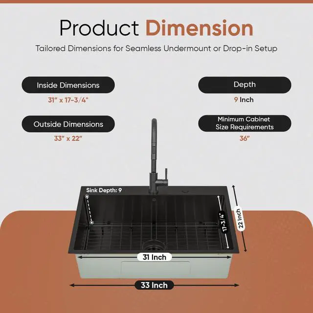 Alt view image 2 of 6 - Strictly Sinks Dual Mount Kitchen Sink 33 Inch 16 Gauge Embossed Hexagon Texture Kitchen Sink with Grid, 1 Strainer Drain, 1 Garbage Disposal Adapter & Clips (Black)