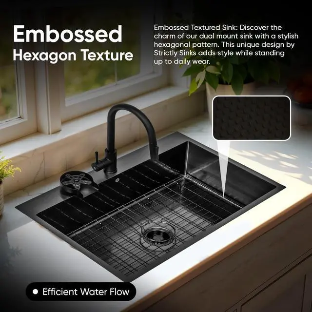 Alt view image 4 of 6 - Strictly Sinks Dual Mount Kitchen Sink 33 Inch 16 Gauge Embossed Hexagon Texture Kitchen Sink with Grid, 1 Strainer Drain, 1 Garbage Disposal Adapter & Clips (Black)