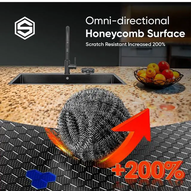Alt view image 5 of 6 - Strictly Sinks Dual Mount Kitchen Sink 33 Inch 16 Gauge Embossed Hexagon Texture Kitchen Sink with Grid, 1 Strainer Drain, 1 Garbage Disposal Adapter & Clips (Black)