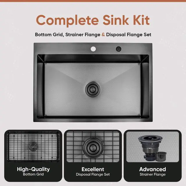 Alt view image 6 of 6 - Strictly Sinks Dual Mount Kitchen Sink 33 Inch 16 Gauge Embossed Hexagon Texture Kitchen Sink with Grid, 1 Strainer Drain, 1 Garbage Disposal Adapter & Clips (Black)