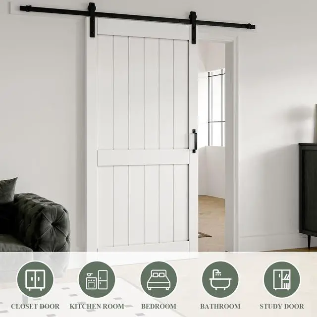 Alt view image 5 of 6 - 48 x 84inch Sliding Barn Door with 8 FT Sliding Door Hardware Kit, Pre-Drilled Holes Easy Assembly - Solid MDF Slab Covered with Water-Proof PVC Surface, White,H-Shaped Frame