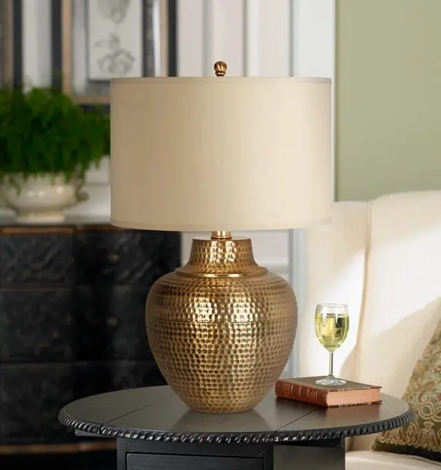 Alt view image 2 of 4 - Maison Loft Rustic Farmhouse Table Lamp 27" Tall Hammered Antique Brass Cream Linen Drum Shade for Living Room Bedroom Bedside Nightstand Office Family Traditional