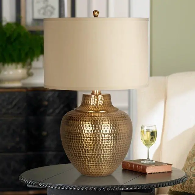 Alt view image 4 of 4 - Maison Loft Rustic Farmhouse Table Lamp 27" Tall Hammered Antique Brass Cream Linen Drum Shade for Living Room Bedroom Bedside Nightstand Office Family Traditional