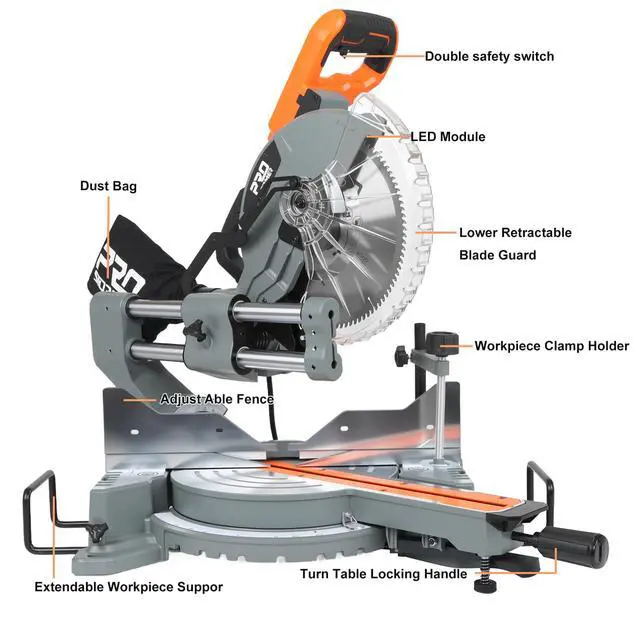 Alt view image 2 of 6 - 10-Inch Double Bevel Sliding Compound Miter Saw with 100-Tooth Blade and LED Light | Heavy-Duty 15-Amp Corded Miter Saw for Precision Woodworking & DIY Projects