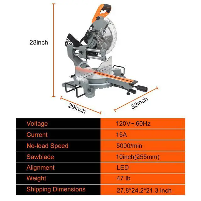Alt view image 3 of 6 - 10-Inch Double Bevel Sliding Compound Miter Saw with 100-Tooth Blade and LED Light | Heavy-Duty 15-Amp Corded Miter Saw for Precision Woodworking & DIY Projects