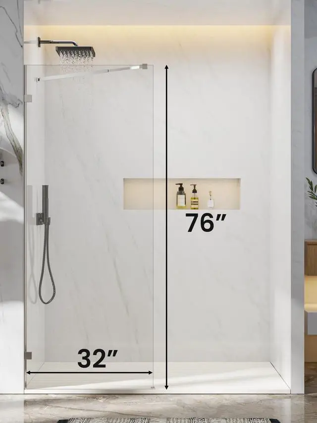 Alt view image 2 of 6 - Frameless Walk-in Shower Door, 32" W x 76" H Fixed Shower Glass Panel, 10mm Clear Tempered Glass Shower Screen with Support Bar, Reversible Installation, Chrome-A