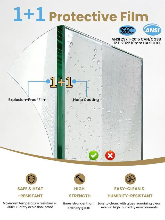 Alt view image 3 of 6 - Frameless Walk-in Shower Door, 32" W x 76" H Fixed Shower Glass Panel, 10mm Clear Tempered Glass Shower Screen with Support Bar, Reversible Installation, Chrome-A