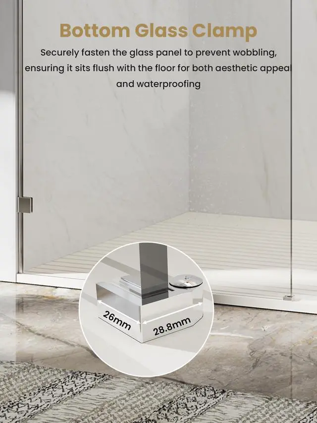 Alt view image 6 of 6 - Frameless Walk-in Shower Door, 32" W x 76" H Fixed Shower Glass Panel, 10mm Clear Tempered Glass Shower Screen with Support Bar, Reversible Installation, Chrome-A