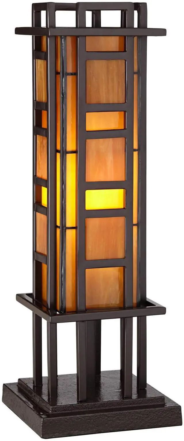 Main image of Prairie Style Mission Rustic Pillar Accent Table Lamp Bronze Iron Column Hand-Cut Amber Stained Art Glass for Cottage Core Living Room Bedroom House Bedside Nightstand Family