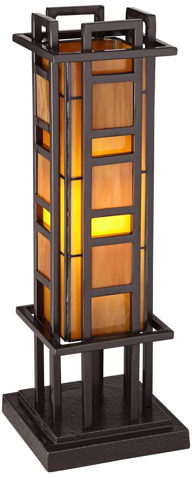 Alt view image 3 of 5 - Prairie Style Mission Rustic Pillar Accent Table Lamp Bronze Iron Column Hand-Cut Amber Stained Art Glass for Cottage Core Living Room Bedroom House Bedside Nightstand Family