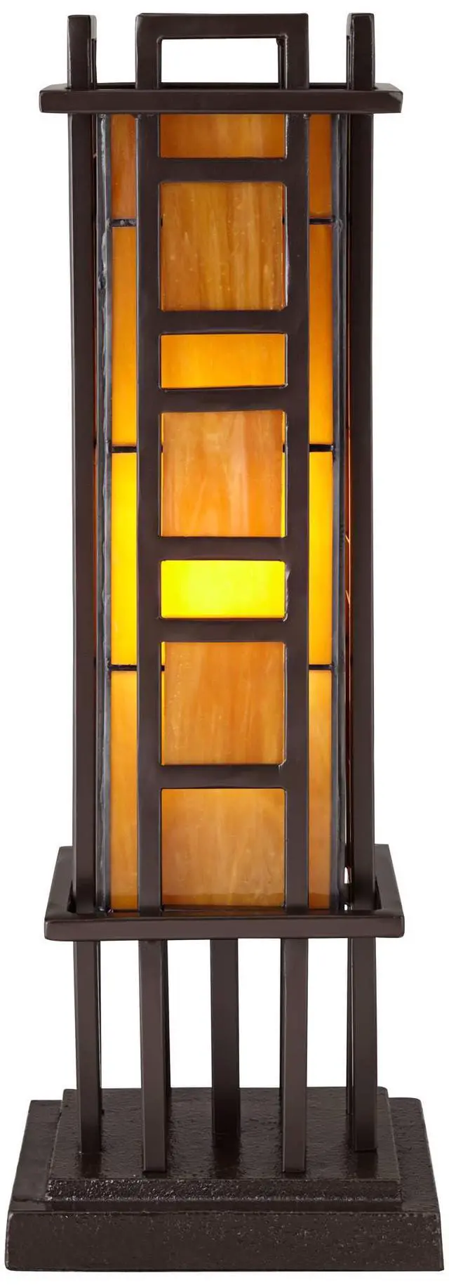 Alt view image 4 of 5 - Prairie Style Mission Rustic Pillar Accent Table Lamp Bronze Iron Column Hand-Cut Amber Stained Art Glass for Cottage Core Living Room Bedroom House Bedside Nightstand Family