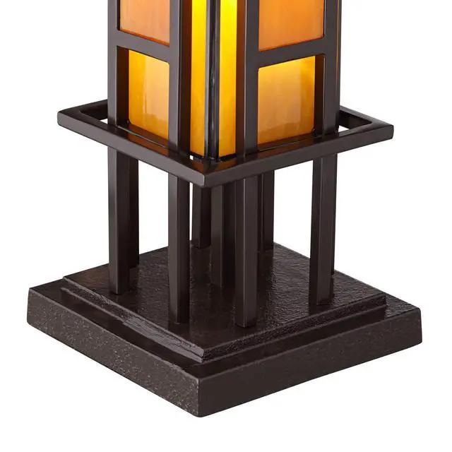 Alt view image 5 of 5 - Prairie Style Mission Rustic Pillar Accent Table Lamp Bronze Iron Column Hand-Cut Amber Stained Art Glass for Cottage Core Living Room Bedroom House Bedside Nightstand Family