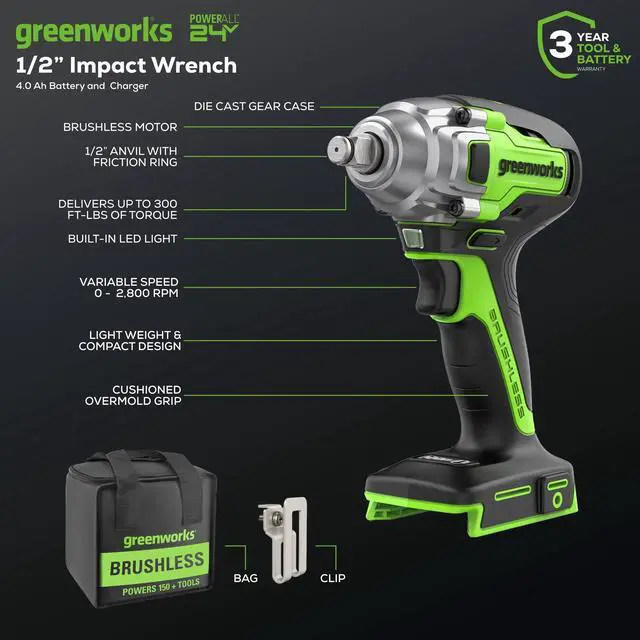 Alt view image 4 of 6 - 24V Brushless 1/2" Cordless Impact Wrench (3 Speed / 300 ft.-lbs. / LED Light), 4.0Ah Battery and Compact Charger Included