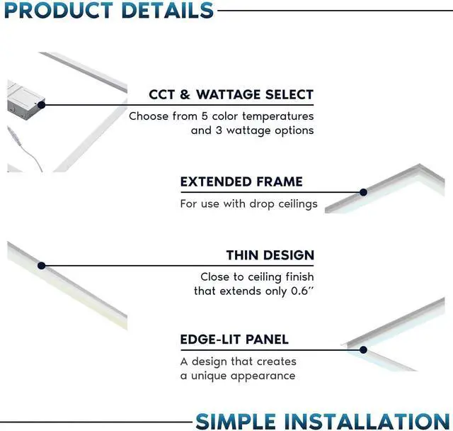 Alt view image 3 of 6 - 2X4 FT Edge-Lit Frame LED Panel Lights,5CCT Selectable 3000K-6500K, 2600/3900/5200LM,20W/30W/40W Switch, Grid Drop Ceiling Lights,0-10V Dimmable, Damp Rated,100-277V,ETL Listed (2X4 Edge - 4 Pack)