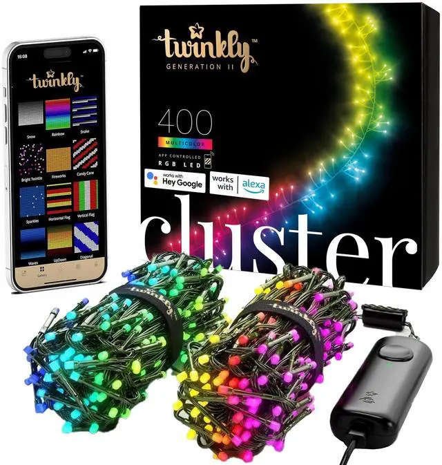 Main image of Cluster App-Controlled LED Christmas Lights with 400 RGB (16 Million Colors) LEDs. 19.7 feet. Green Wire. Indoor and Outdoor Smart Lighting Decoration