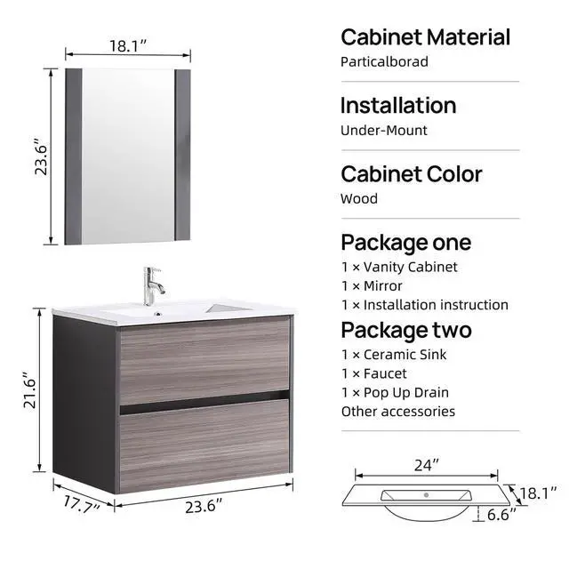 Alt view image 2 of 5 - 24" Modern Bathroom Vanity Cabinet with Drop-in Ceramic Sink, Mirror,Chrome Faucet, Under-Sink Storage(24" Gray Cabinet&White Sink)