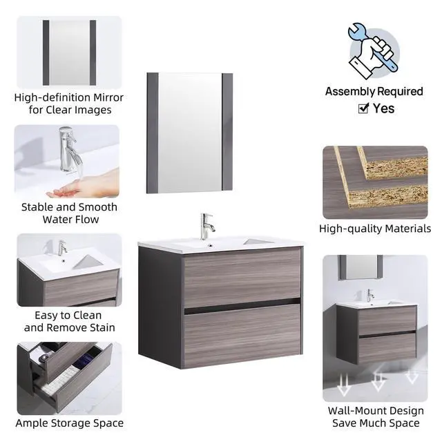 Alt view image 3 of 5 - 24" Modern Bathroom Vanity Cabinet with Drop-in Ceramic Sink, Mirror,Chrome Faucet, Under-Sink Storage(24" Gray Cabinet&White Sink)