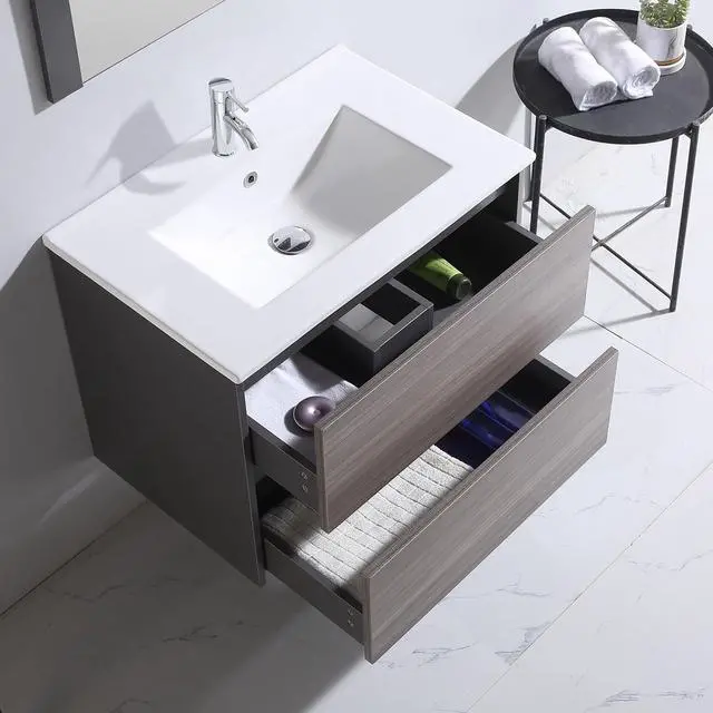 Alt view image 5 of 5 - 24" Modern Bathroom Vanity Cabinet with Drop-in Ceramic Sink, Mirror,Chrome Faucet, Under-Sink Storage(24" Gray Cabinet&White Sink)