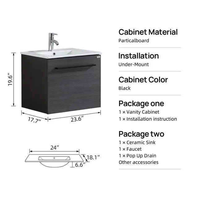 Alt view image 2 of 6 - 24" Modern Bathroom Vanity Cabinet with Drop-in Ceramic Sink,Chrome Faucet, Under-Sink Storage(24" Black Cabinet&White Sink)
