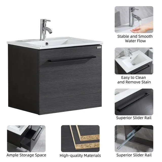 Alt view image 3 of 6 - 24" Modern Bathroom Vanity Cabinet with Drop-in Ceramic Sink,Chrome Faucet, Under-Sink Storage(24" Black Cabinet&White Sink)