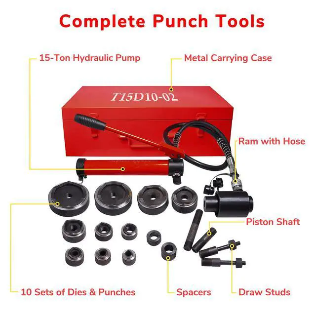 Alt view image 3 of 6 - 1/2" to 4" 15-Ton Hydraulic Knockout Punch Set 10-Die Conduit Hole Punch Driver Kit for Metal Aluminum Stainless Steel - Red