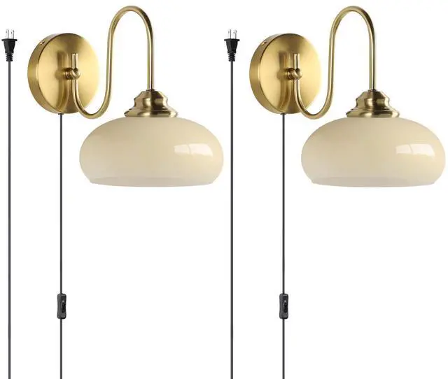 Main image of Lighting Small Yellow Glass Wall Sconces Plug in Goose Neck Wall Light Vintage Brass Gold Wall Sconces Set of Two Mid Century Wall Lighting for Bathroom Stairway