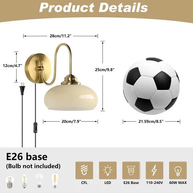 Alt view image 2 of 6 - Lighting Small Yellow Glass Wall Sconces Plug in Goose Neck Wall Light Vintage Brass Gold Wall Sconces Set of Two Mid Century Wall Lighting for Bathroom Stairway