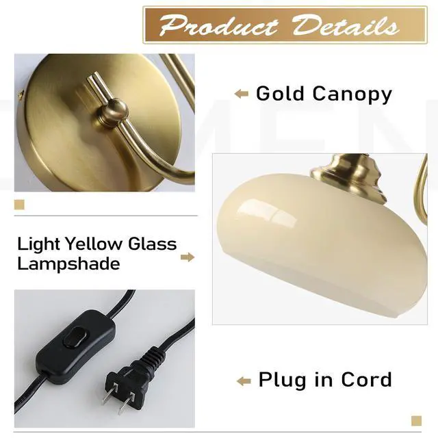 Alt view image 3 of 6 - Lighting Small Yellow Glass Wall Sconces Plug in Goose Neck Wall Light Vintage Brass Gold Wall Sconces Set of Two Mid Century Wall Lighting for Bathroom Stairway