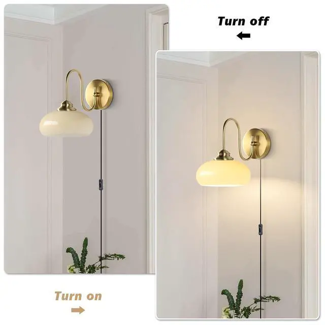 Alt view image 4 of 6 - Lighting Small Yellow Glass Wall Sconces Plug in Goose Neck Wall Light Vintage Brass Gold Wall Sconces Set of Two Mid Century Wall Lighting for Bathroom Stairway