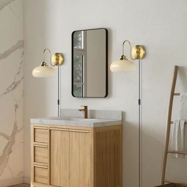 Alt view image 5 of 6 - Lighting Small Yellow Glass Wall Sconces Plug in Goose Neck Wall Light Vintage Brass Gold Wall Sconces Set of Two Mid Century Wall Lighting for Bathroom Stairway